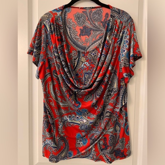 Dress Barn Tops - #243 - DressBarn Draped Knit Blouse, Red/White/Black/Aqua/Blue Paisley, Size 1X